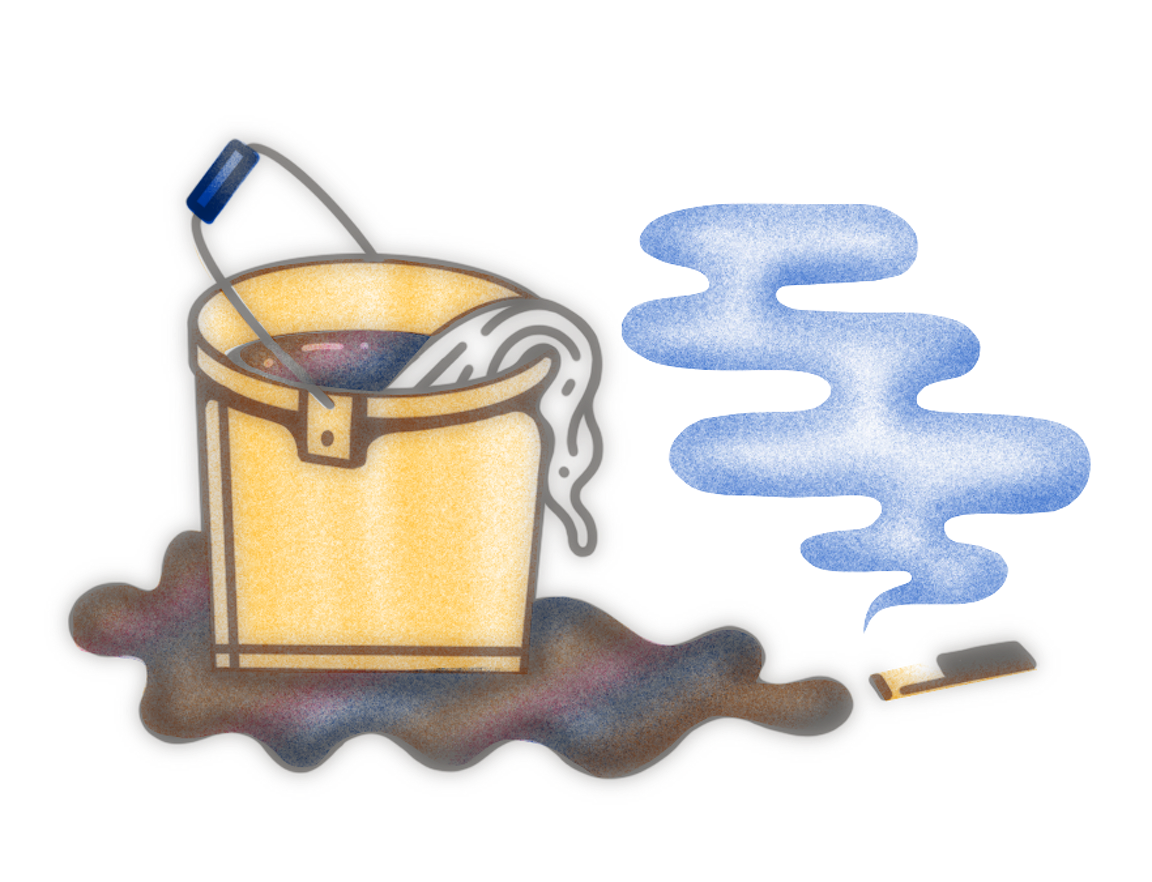 An illustration of a bucket sitting in oil with a lit cigarette nearby.